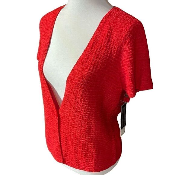 Jones New York Collection Red Short Sleeve One Button Closure Cardigan Size Peti - Picture 5 of 11
